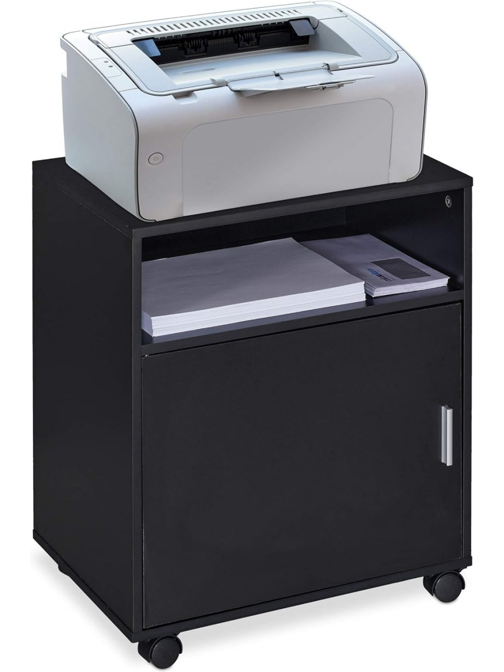 Mueble auxiliar para impresora con tres compartimentos puerta frontal y ruedas para oficina o teletrabajo