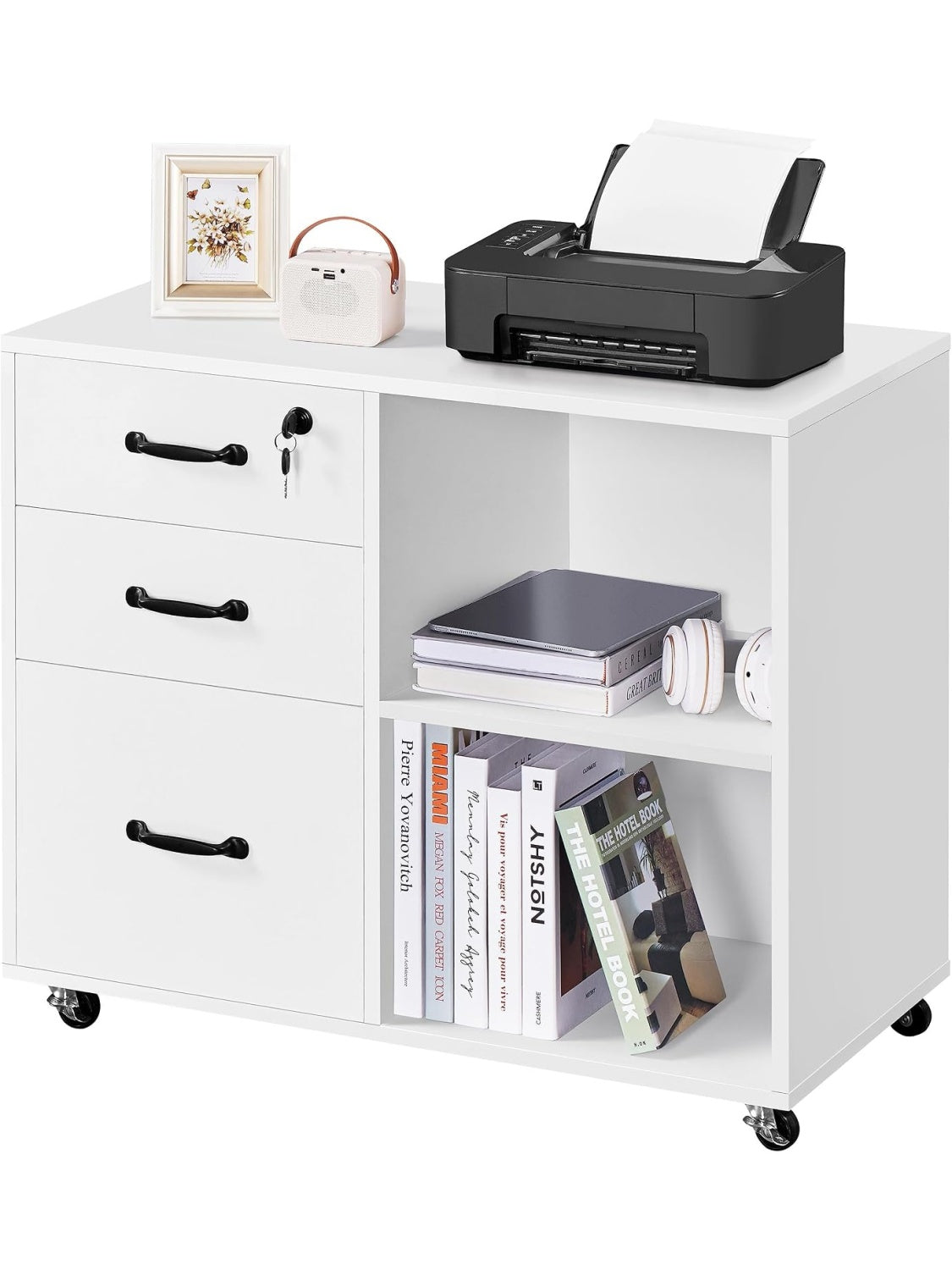 Archivador Movil de Escritorio con Ruedas y 3 Cajones para Documentos de Oficina Color Blanco