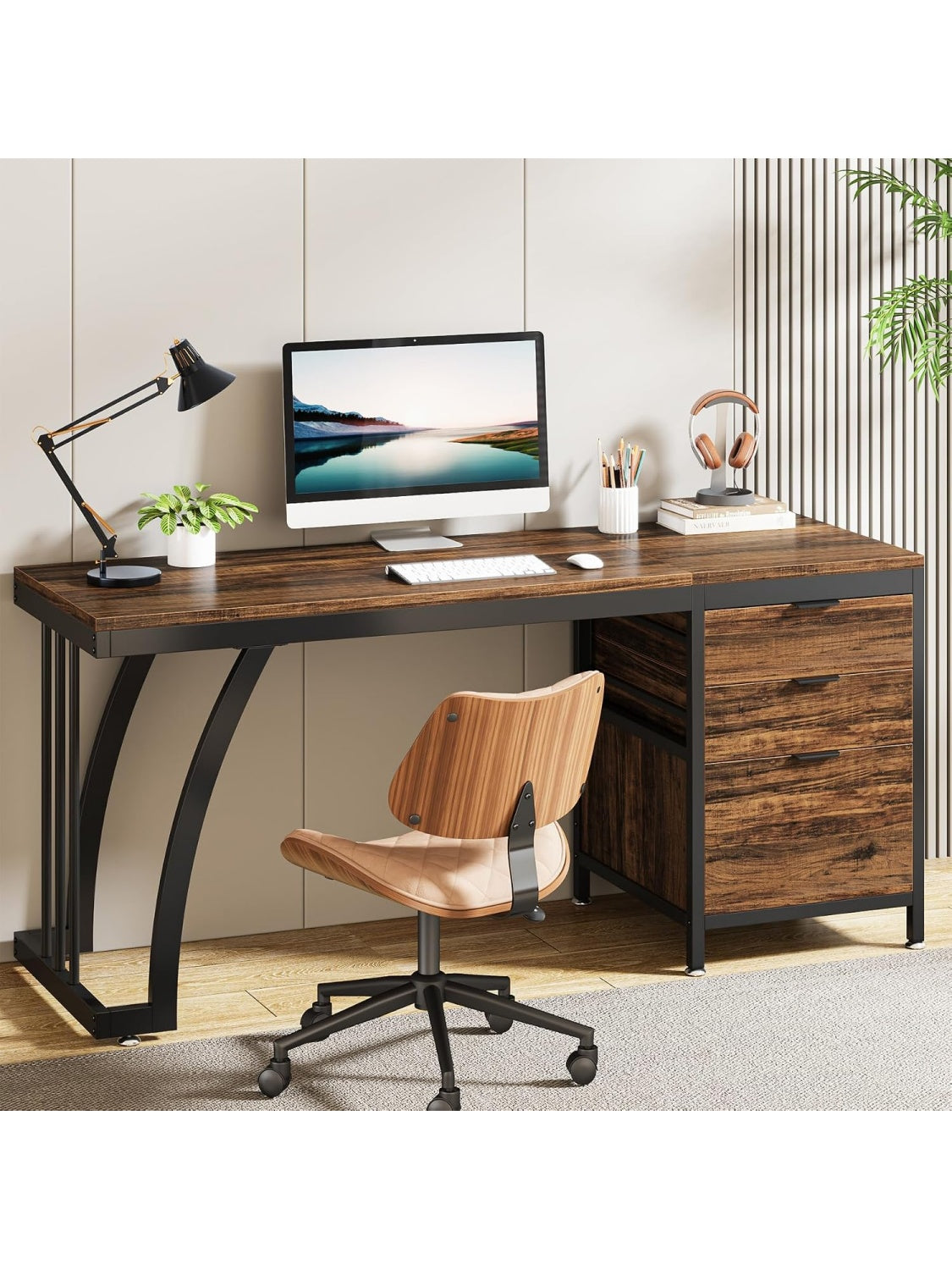 Escritorio industrial de 150 cm con tres cajones reversibles y bandeja para documentos