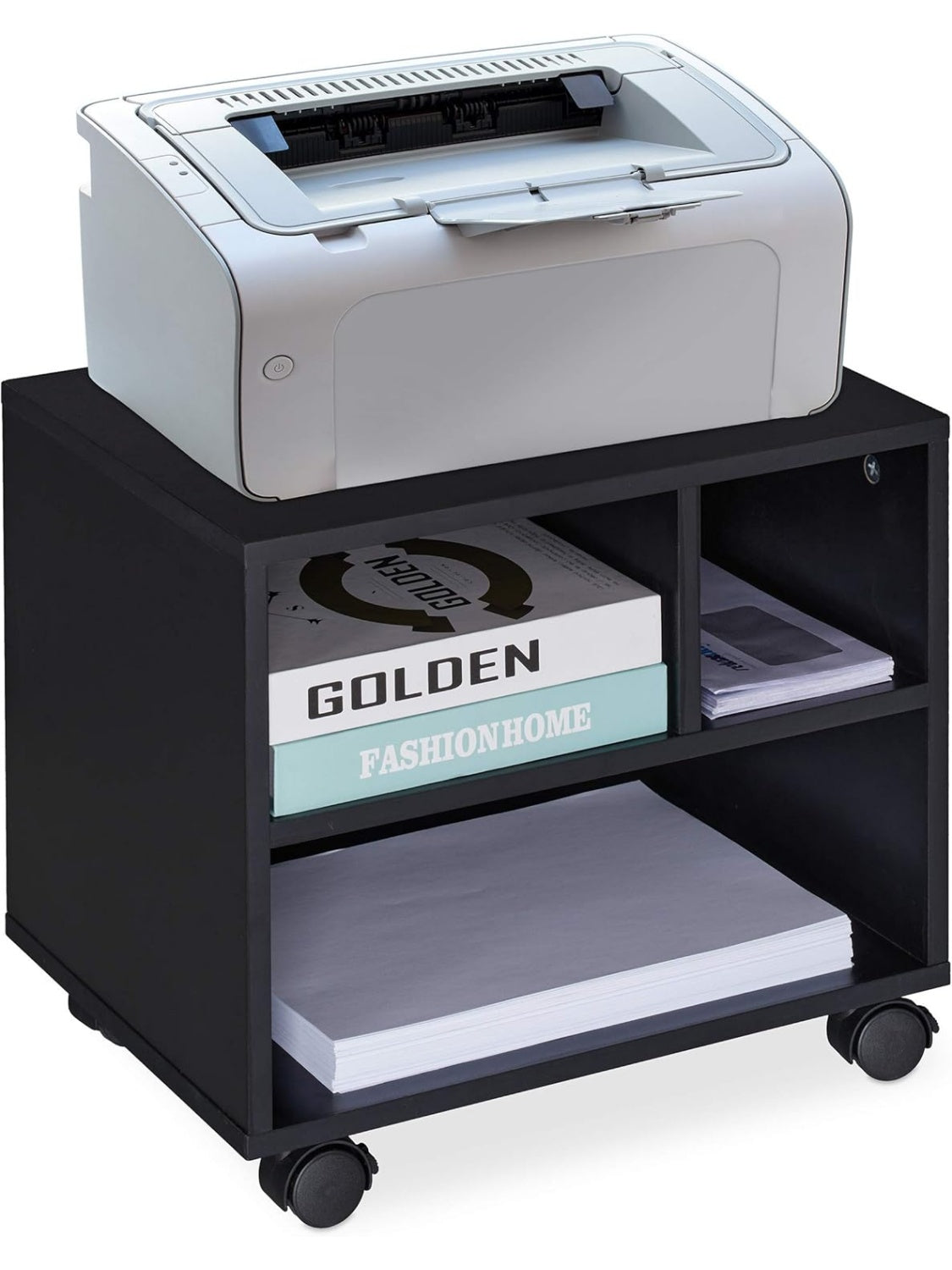 Mueble auxiliar para impresora con tres compartimentos abiertos y ruedas para teletrabajo