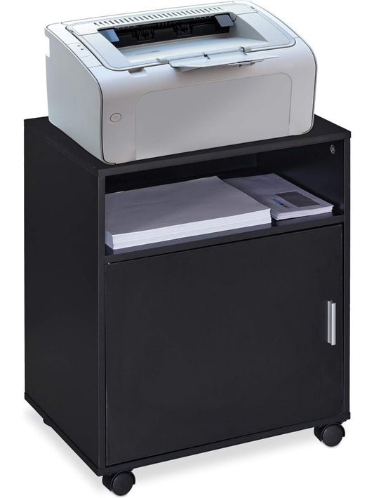 Mueble auxiliar para impresora con tres compartimentos puerta frontal y ruedas para oficina o teletrabajo