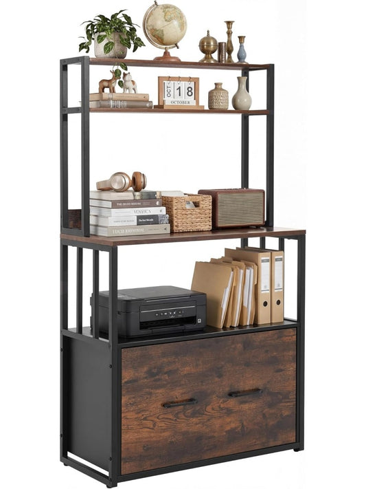 Archivador Vertical con Cajon y Estantes Abiertos en Estilo Rustico Marron