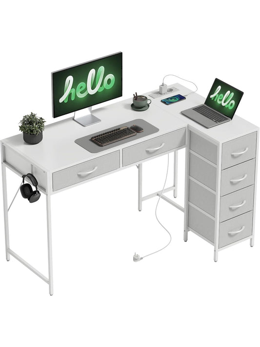 Escritorio esquinero reversible con seis cajones de tela conexion USB y amplia superficie de trabajo