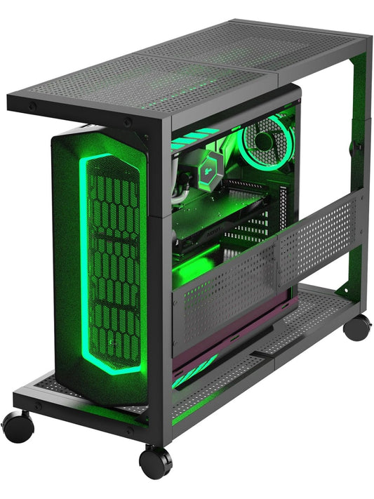 Soporte ajustable para torre de ordenador con ruedas bandeja auxiliar y espacio para accesorios