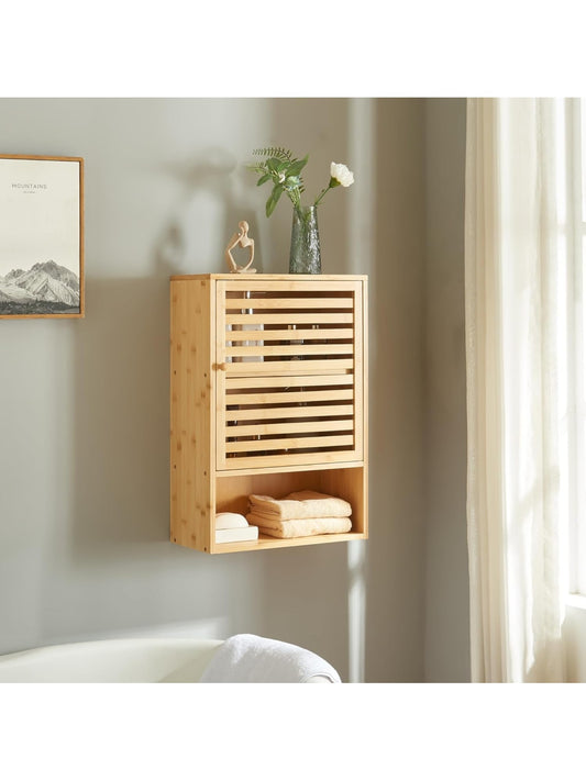 Armario Mural de Bambu con Puerta y Compartimentos para Bano Cocina Dormitorio y Oficina Natural