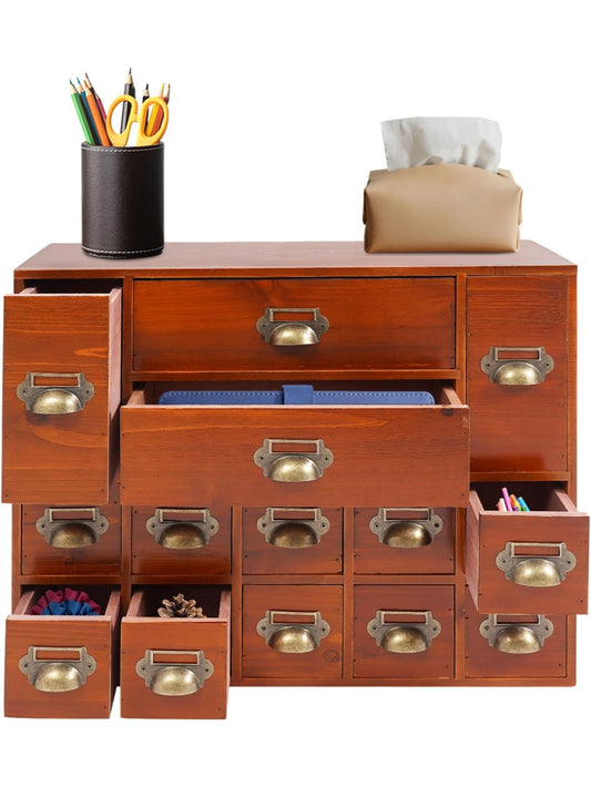Organizador de Escritorio con Catorce Cajones de Madera para Accesorios y Material de Oficina