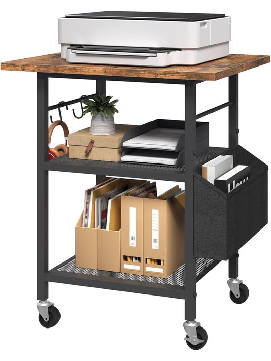 Mesa movil para impresora con tres niveles estantes metalicos bolsillo lateral y ganchos organizadores
